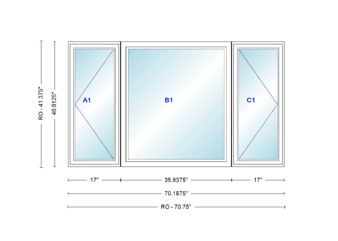 ANDERSEN Windows 400 Series LFR Picture With Casement Flankers 70-3/16" Wide Vinyl Exterior Wood Interior New Construction Low-E4 Dual Pane Argon Fill Glass Full Screens/Grilles/Tempered Optional
