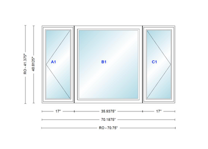 ANDERSEN Windows 400 Series LFR Picture With Casement Flankers 70-3/16" Wide Vinyl Exterior Wood Interior New Construction Low-E4 Dual Pane Argon Fill Glass Full Screens/Grilles/Tempered Optional