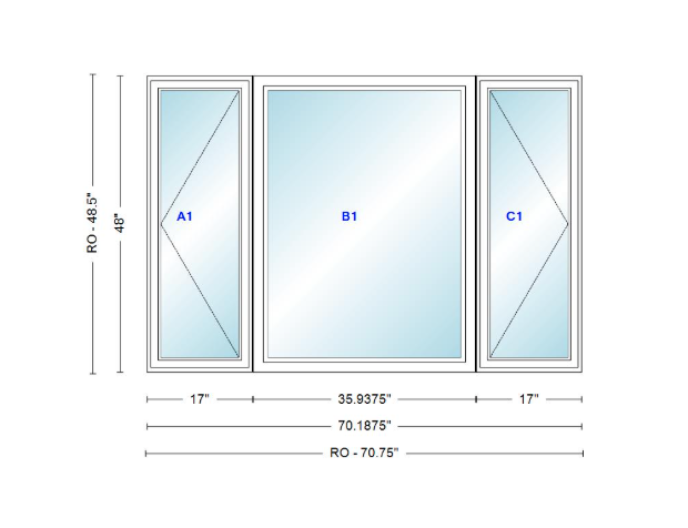 ANDERSEN Windows 400 Series LFR Picture With Casement Flankers 70-3/16" Wide Vinyl Exterior Wood Interior New Construction Low-E4 Dual Pane Argon Fill Glass Full Screens/Grilles/Tempered Optional