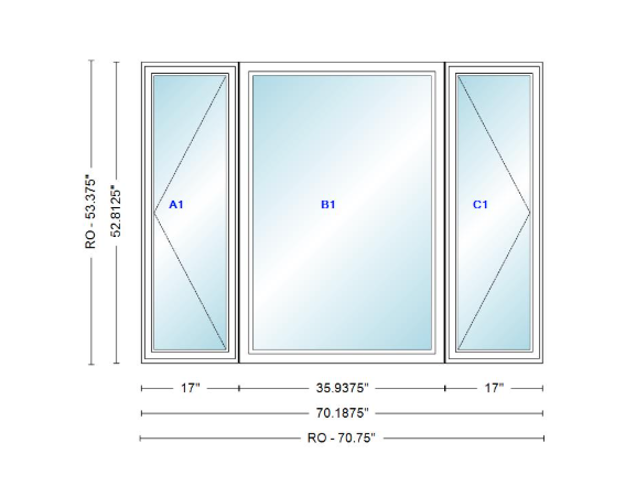 ANDERSEN Windows 400 Series LFR Picture With Casement Flankers 70-3/16" Wide Vinyl Exterior Wood Interior New Construction Low-E4 Dual Pane Argon Fill Glass Full Screens/Grilles/Tempered Optional