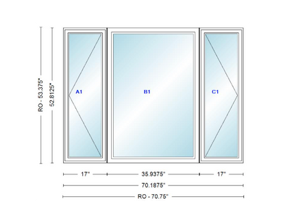 ANDERSEN Windows 400 Series LFR Picture With Casement Flankers 70-3/16" Wide Vinyl Exterior Wood Interior New Construction Low-E4 Dual Pane Argon Fill Glass Full Screens/Grilles/Tempered Optional