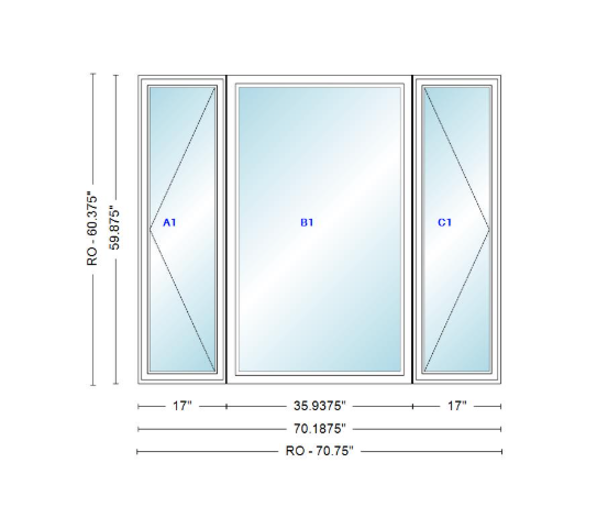 ANDERSEN Windows 400 Series LFR Picture With Casement Flankers 70-3/16" Wide Vinyl Exterior Wood Interior New Construction Low-E4 Dual Pane Argon Fill Glass Full Screens/Grilles/Tempered Optional