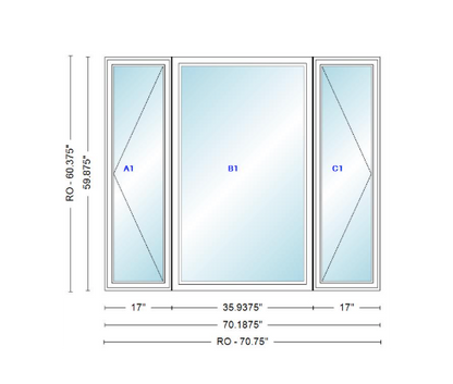 ANDERSEN Windows 400 Series LFR Picture With Casement Flankers 70-3/16" Wide Vinyl Exterior Wood Interior New Construction Low-E4 Dual Pane Argon Fill Glass Full Screens/Grilles/Tempered Optional