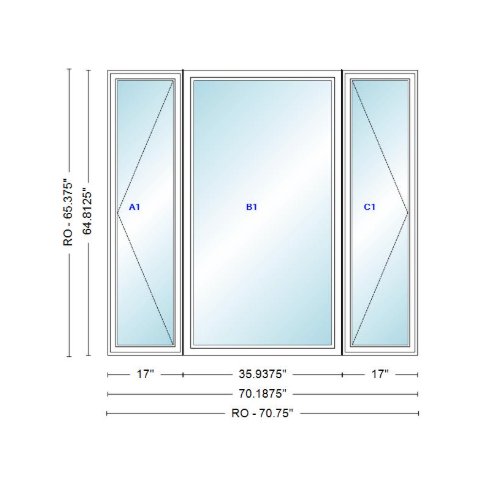 ANDERSEN Windows 400 Series LFR Picture With Casement Flankers 70-3/16" Wide Vinyl Exterior Wood Interior New Construction Low-E4 Dual Pane Argon Fill Glass Full Screens/Grilles/Tempered Optional