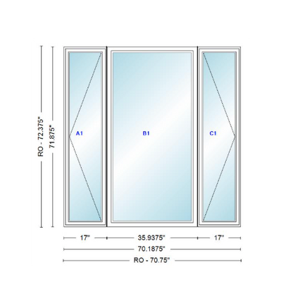 ANDERSEN Windows 400 Series LFR Picture With Casement Flankers 70-3/16" Wide Vinyl Exterior Wood Interior New Construction Low-E4 Dual Pane Argon Fill Glass Full Screens/Grilles/Tempered Optional
