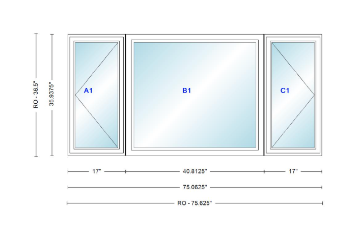 ANDERSEN Windows 400 Series LFR Picture With Casement Flankers 75-1/16" Wide Vinyl Exterior Wood Interior New Construction Low-E4 Dual Pane Argon Fill Glass Full Screens/Grilles/Tempered Optional