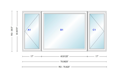ANDERSEN Windows 400 Series LFR Picture With Casement Flankers 75-1/16" Wide Vinyl Exterior Wood Interior New Construction Low-E4 Dual Pane Argon Fill Glass Full Screens/Grilles/Tempered Optional