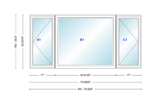 ANDERSEN Windows 400 Series LFR Picture With Casement Flankers 75-1/16" Wide Vinyl Exterior Wood Interior New Construction Low-E4 Dual Pane Argon Fill Glass Full Screens/Grilles/Tempered Optional