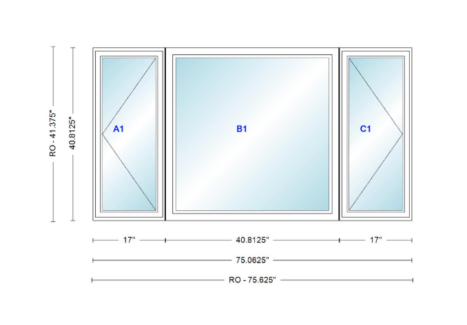 ANDERSEN Windows 400 Series LFR Picture With Casement Flankers 75-1/16" Wide Vinyl Exterior Wood Interior New Construction Low-E4 Dual Pane Argon Fill Glass Full Screens/Grilles/Tempered Optional