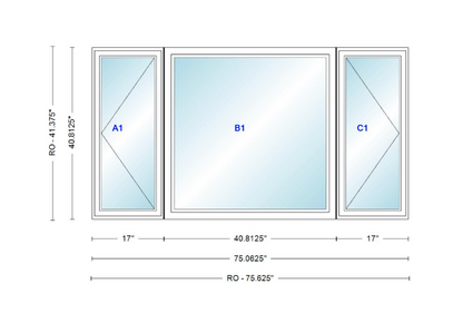 ANDERSEN Windows 400 Series LFR Picture With Casement Flankers 75-1/16" Wide Vinyl Exterior Wood Interior New Construction Low-E4 Dual Pane Argon Fill Glass Full Screens/Grilles/Tempered Optional