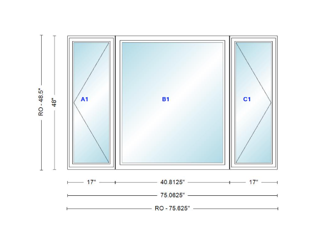 ANDERSEN Windows 400 Series LFR Picture With Casement Flankers 75-1/16" Wide Vinyl Exterior Wood Interior New Construction Low-E4 Dual Pane Argon Fill Glass Full Screens/Grilles/Tempered Optional