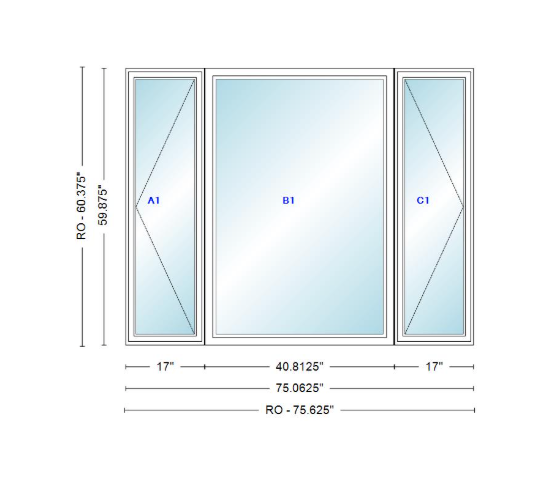 ANDERSEN Windows 400 Series LFR Picture With Casement Flankers 75-1/16" Wide Vinyl Exterior Wood Interior New Construction Low-E4 Dual Pane Argon Fill Glass Full Screens/Grilles/Tempered Optional