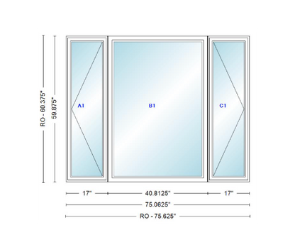 ANDERSEN Windows 400 Series LFR Picture With Casement Flankers 75-1/16" Wide Vinyl Exterior Wood Interior New Construction Low-E4 Dual Pane Argon Fill Glass Full Screens/Grilles/Tempered Optional