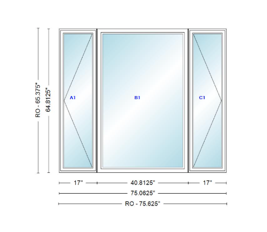ANDERSEN Windows 400 Series LFR Picture With Casement Flankers 75-1/16" Wide Vinyl Exterior Wood Interior New Construction Low-E4 Dual Pane Argon Fill Glass Full Screens/Grilles/Tempered Optional