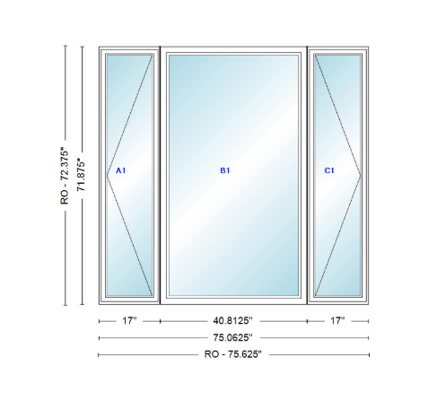 ANDERSEN Windows 400 Series LFR Picture With Casement Flankers 75-1/16" Wide Vinyl Exterior Wood Interior New Construction Low-E4 Dual Pane Argon Fill Glass Full Screens/Grilles/Tempered Optional