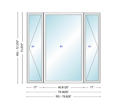 ANDERSEN Windows 400 Series LFR Picture With Casement Flankers 75-1/16" Wide Vinyl Exterior Wood Interior New Construction Low-E4 Dual Pane Argon Fill Glass Full Screens/Grilles/Tempered Optional