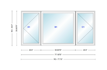 ANDERSEN Windows 400 Series LFR Picture With Casement Flankers 77-3/16" Wide Vinyl Exterior Wood Interior New Construction Low-E4 Dual Pane Argon Fill Glass Full Screens/Grilles/Tempered Optional