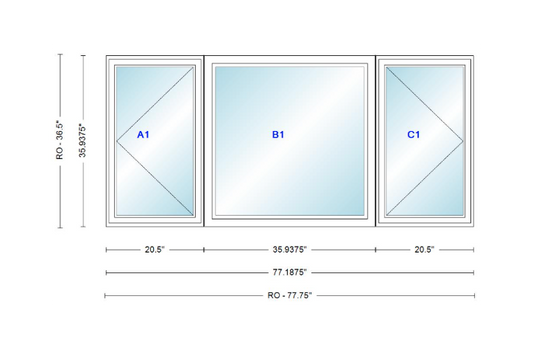 ANDERSEN Windows 400 Series LFR Picture With Casement Flankers 77-3/16" Wide Vinyl Exterior Wood Interior New Construction Low-E4 Dual Pane Argon Fill Glass Full Screens/Grilles/Tempered Optional