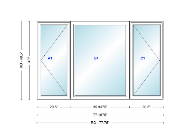 ANDERSEN Windows 400 Series LFR Picture With Casement Flankers 77-3/16" Wide Vinyl Exterior Wood Interior New Construction Low-E4 Dual Pane Argon Fill Glass Full Screens/Grilles/Tempered Optional