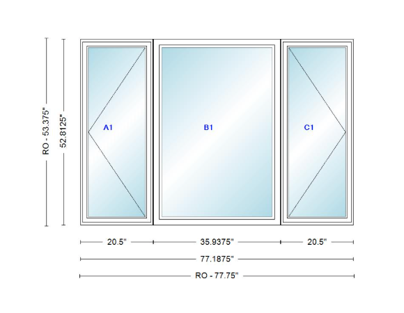 ANDERSEN Windows 400 Series LFR Picture With Casement Flankers 77-3/16" Wide Vinyl Exterior Wood Interior New Construction Low-E4 Dual Pane Argon Fill Glass Full Screens/Grilles/Tempered Optional