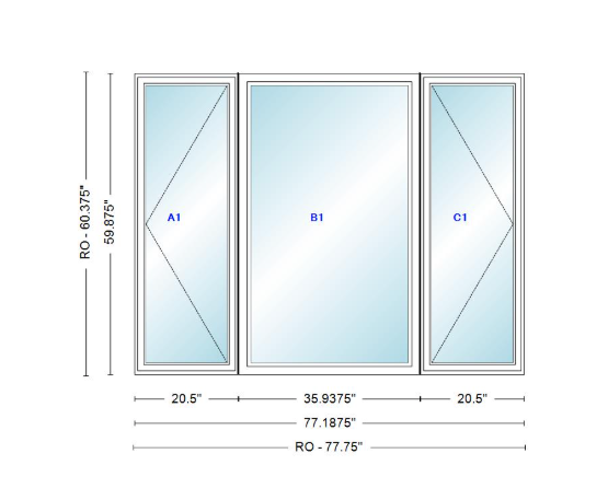 ANDERSEN Windows 400 Series LFR Picture With Casement Flankers 77-3/16" Wide Vinyl Exterior Wood Interior New Construction Low-E4 Dual Pane Argon Fill Glass Full Screens/Grilles/Tempered Optional