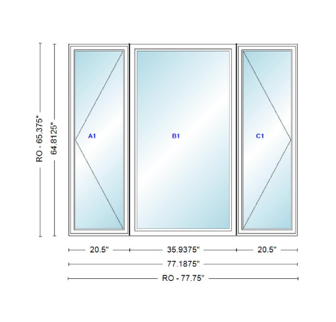 ANDERSEN Windows 400 Series LFR Picture With Casement Flankers 77-3/16" Wide Vinyl Exterior Wood Interior New Construction Low-E4 Dual Pane Argon Fill Glass Full Screens/Grilles/Tempered Optional