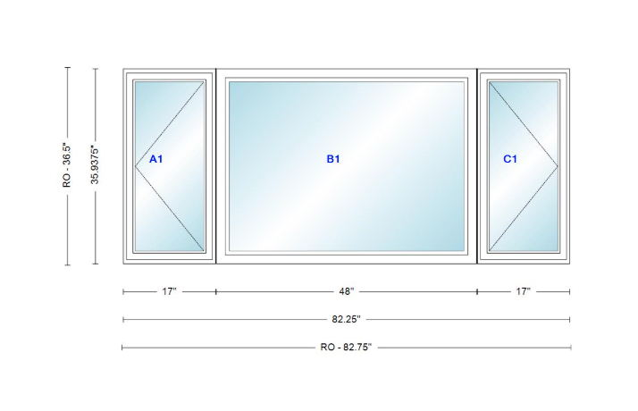 ANDERSEN Windows 400 Series LFR Picture With Casement Flankers 82-1/4" Wide Vinyl Exterior Wood Interior New Construction Low-E4 Dual Pane Argon Fill Glass Full Screens/Grilles/Tempered Optional