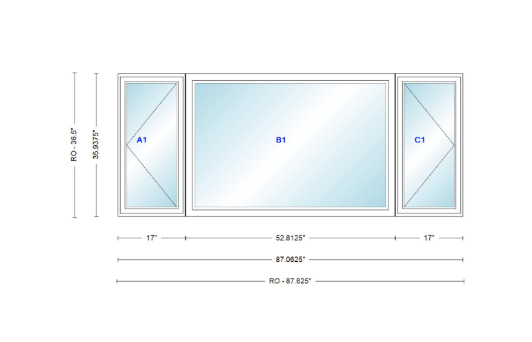 ANDERSEN Windows 400 Series LFR Picture With Casement Flankers 87-1/16" Wide Vinyl Exterior Wood Interior New Construction Low-E4 Dual Pane Argon Fill Glass Full Screens/Grilles/Tempered Optional
