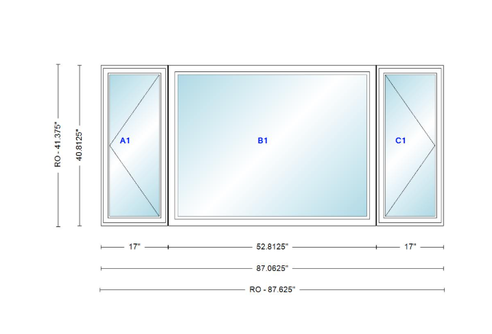 ANDERSEN Windows 400 Series LFR Picture With Casement Flankers 87-1/16" Wide Vinyl Exterior Wood Interior New Construction Low-E4 Dual Pane Argon Fill Glass Full Screens/Grilles/Tempered Optional