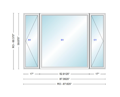 ANDERSEN Windows 400 Series LFR Picture With Casement Flankers 87-1/16" Wide Vinyl Exterior Wood Interior New Construction Low-E4 Dual Pane Argon Fill Glass Full Screens/Grilles/Tempered Optional