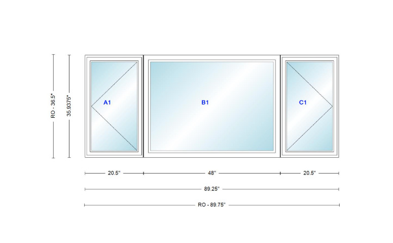 ANDERSEN Windows 400 Series LFR Picture With Casement Flankers 89-1/4" Wide Vinyl Exterior Wood Interior New Construction Low-E4 Dual Pane Argon Fill Glass Full Screens/Grilles/Tempered Optional