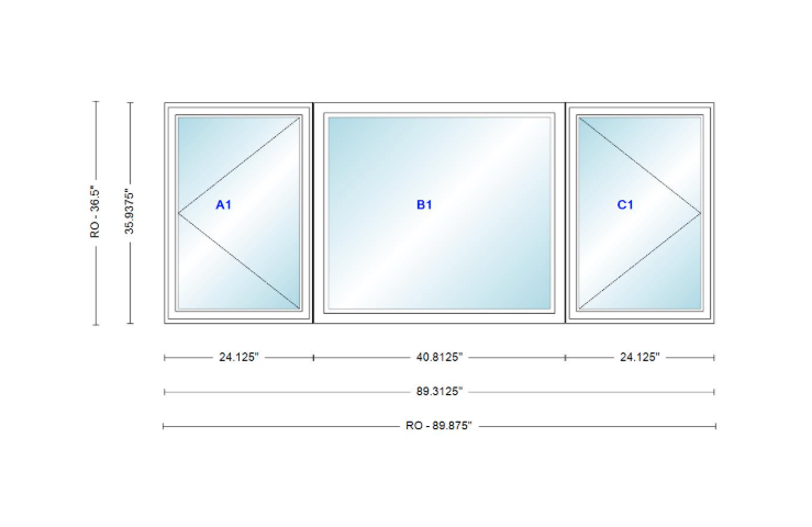 ANDERSEN Windows 400 Series LFR Picture With Casement Flankers 89-5/16" Wide Vinyl Exterior Wood Interior New Construction Low-E4 Dual Pane Argon Fill Glass Full Screens/Grilles/Tempered Optional