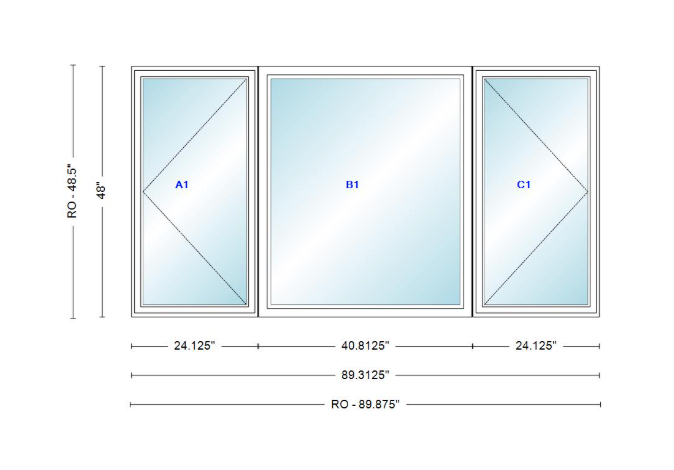 ANDERSEN Windows 400 Series LFR Picture With Casement Flankers 89-5/16" Wide Vinyl Exterior Wood Interior New Construction Low-E4 Dual Pane Argon Fill Glass Full Screens/Grilles/Tempered Optional