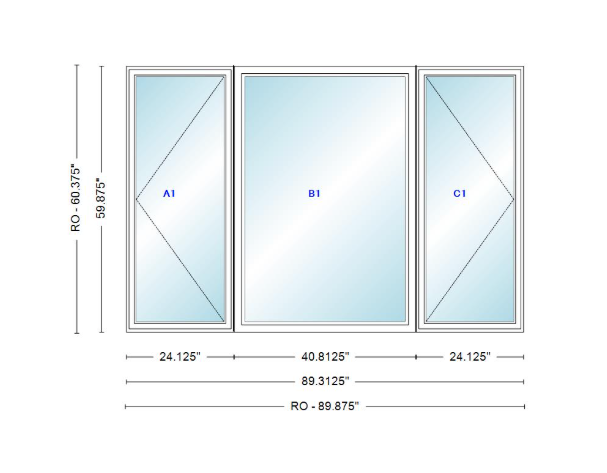 ANDERSEN Windows 400 Series LFR Picture With Casement Flankers 89-5/16" Wide Vinyl Exterior Wood Interior New Construction Low-E4 Dual Pane Argon Fill Glass Full Screens/Grilles/Tempered Optional