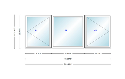 ANDERSEN Windows 400 Series LFR Picture With Casement Flankers 92-15/16" Wide Vinyl Exterior Wood Interior New Construction Low-E4 Dual Pane Argon Fill Glass Full Screens/Grilles/Tempered Optional