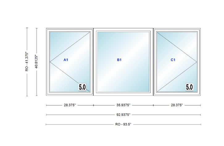 ANDERSEN Windows 400 Series LFR Picture With Casement Flankers 92-15/16" Wide Vinyl Exterior Wood Interior New Construction Low-E4 Dual Pane Argon Fill Glass Full Screens/Grilles/Tempered Optional