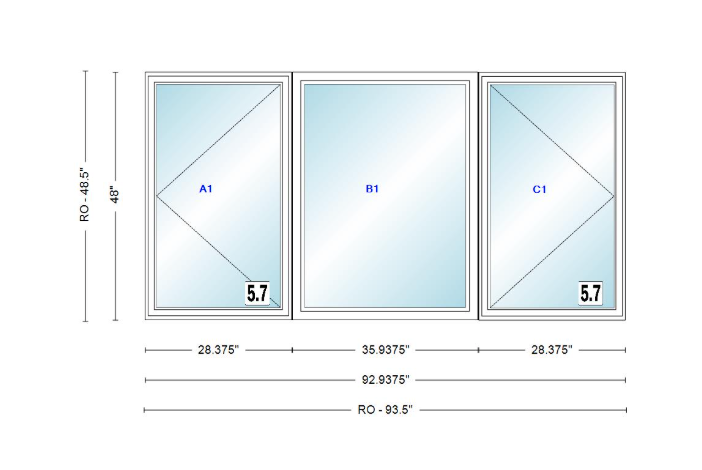 ANDERSEN Windows 400 Series LFR Picture With Casement Flankers 92-15/16" Wide Vinyl Exterior Wood Interior New Construction Low-E4 Dual Pane Argon Fill Glass Full Screens/Grilles/Tempered Optional