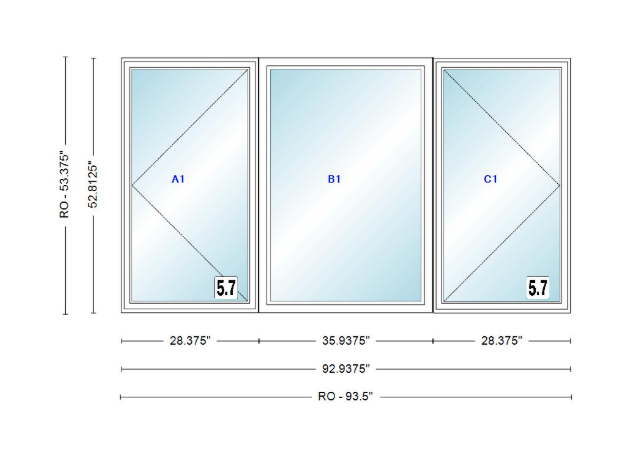 ANDERSEN Windows 400 Series LFR Picture With Casement Flankers 92-15/16" Wide Vinyl Exterior Wood Interior New Construction Low-E4 Dual Pane Argon Fill Glass Full Screens/Grilles/Tempered Optional