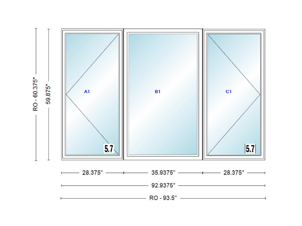 ANDERSEN Windows 400 Series LFR Picture With Casement Flankers 92-15/16" Wide Vinyl Exterior Wood Interior New Construction Low-E4 Dual Pane Argon Fill Glass Full Screens/Grilles/Tempered Optional