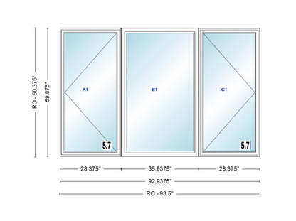 ANDERSEN Windows 400 Series LFR Picture With Casement Flankers 92-15/16" Wide Vinyl Exterior Wood Interior New Construction Low-E4 Dual Pane Argon Fill Glass Full Screens/Grilles/Tempered Optional