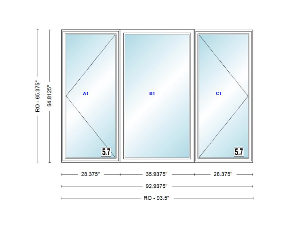 ANDERSEN Windows 400 Series LFR Picture With Casement Flankers 92-15/16" Wide Vinyl Exterior Wood Interior New Construction Low-E4 Dual Pane Argon Fill Glass Full Screens/Grilles/Tempered Optional