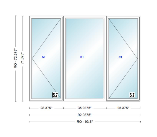 ANDERSEN Windows 400 Series LFR Picture With Casement Flankers 92-15/16" Wide Vinyl Exterior Wood Interior New Construction Low-E4 Dual Pane Argon Fill Glass Full Screens/Grilles/Tempered Optional