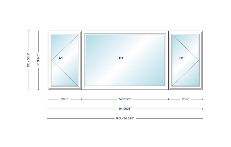 ANDERSEN Windows 400 Series LFR Picture With Casement Flankers 94-1/16" Wide Vinyl Exterior Wood Interior New Construction Low-E4 Dual Pane Argon Fill Glass Full Screens/Grilles/Tempered Optional
