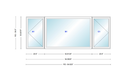 ANDERSEN Windows 400 Series LFR Picture With Casement Flankers 94-1/16" Wide Vinyl Exterior Wood Interior New Construction Low-E4 Dual Pane Argon Fill Glass Full Screens/Grilles/Tempered Optional