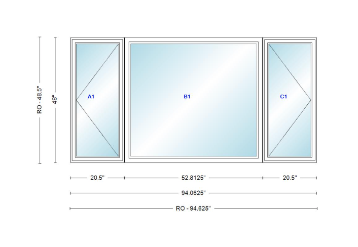 ANDERSEN Windows 400 Series LFR Picture With Casement Flankers 94-1/16" Wide Vinyl Exterior Wood Interior New Construction Low-E4 Dual Pane Argon Fill Glass Full Screens/Grilles/Tempered Optional