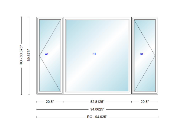 ANDERSEN Windows 400 Series LFR Picture With Casement Flankers 94-1/16" Wide Vinyl Exterior Wood Interior New Construction Low-E4 Dual Pane Argon Fill Glass Full Screens/Grilles/Tempered Optional