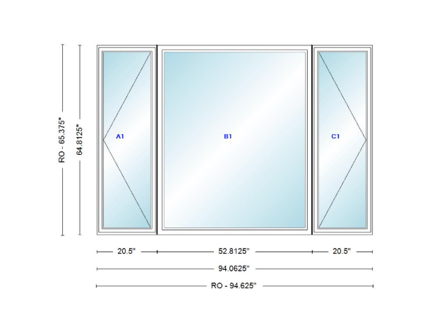 ANDERSEN Windows 400 Series LFR Picture With Casement Flankers 94-1/16" Wide Vinyl Exterior Wood Interior New Construction Low-E4 Dual Pane Argon Fill Glass Full Screens/Grilles/Tempered Optional