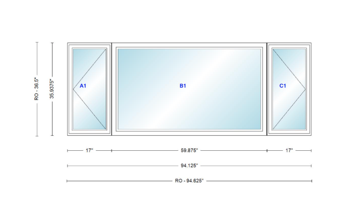 ANDERSEN Windows 400 Series LFR Picture With Casement Flankers 94-1/8" Wide Vinyl Exterior Wood Interior New Construction Low-E4 Dual Pane Argon Fill Glass Full Screens/Grilles/Tempered Optional