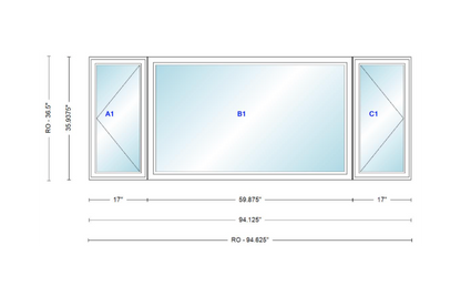 ANDERSEN Windows 400 Series LFR Picture With Casement Flankers 94-1/8" Wide Vinyl Exterior Wood Interior New Construction Low-E4 Dual Pane Argon Fill Glass Full Screens/Grilles/Tempered Optional