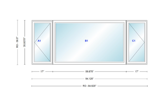 ANDERSEN Windows 400 Series LFR Picture With Casement Flankers 94-1/8" Wide Vinyl Exterior Wood Interior New Construction Low-E4 Dual Pane Argon Fill Glass Full Screens/Grilles/Tempered Optional